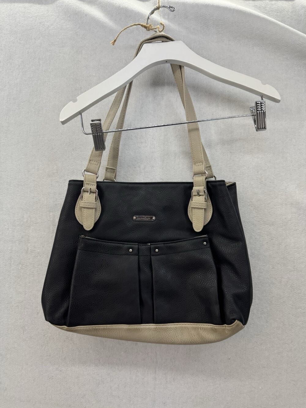 EUC MultiSac Organizer Tote Shoulder Bag Black Tan Purse Multi Pockets